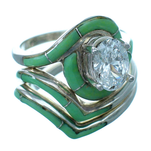 Turquoise Inlay Sterling Silver Cubic Zirconia Wedding Ring Set Size 6-1/2 LX113087